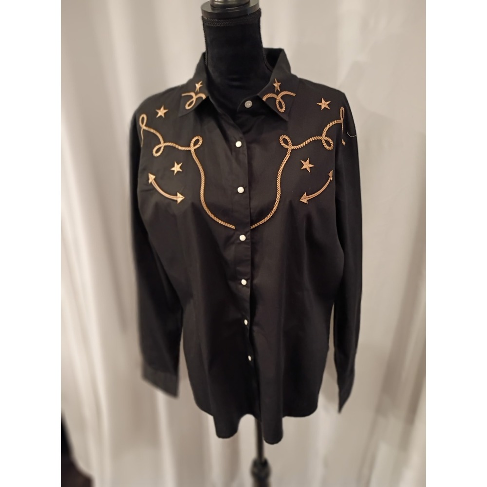 Panhandle Slim Womens XL Black Western Shirt Gold Rope Star Embroidery Wagon